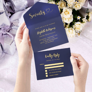70th Birthday navy blue gold rsvp All In One Invitation