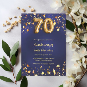 70th birthday navy blue gold stars invitation