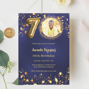 70th birthday navy blue gold stars photo luxury invitation