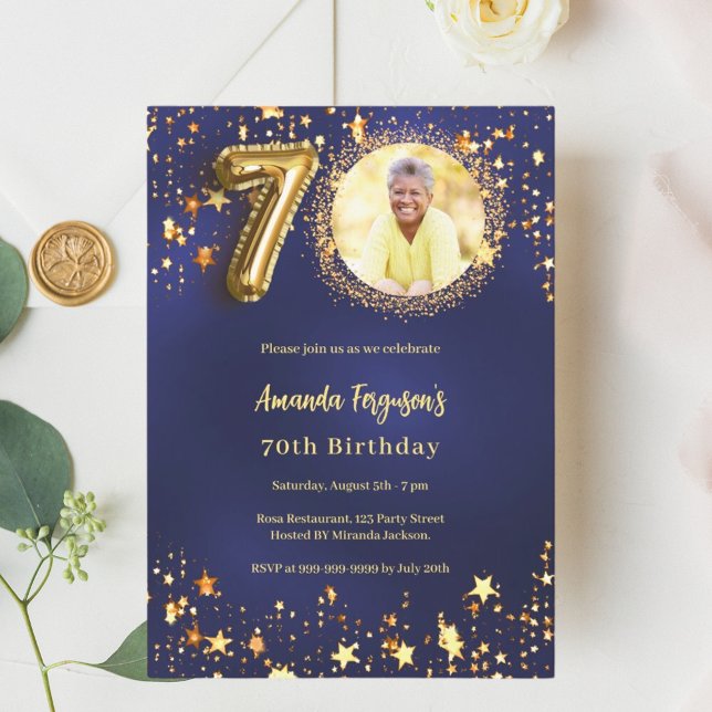 70th birthday navy blue gold stars photo luxury invitation (Creator Uploaded)