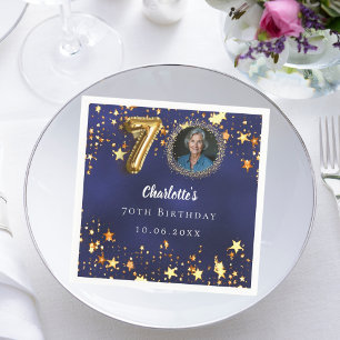 70th birthday navy blue gold stars photo napkin