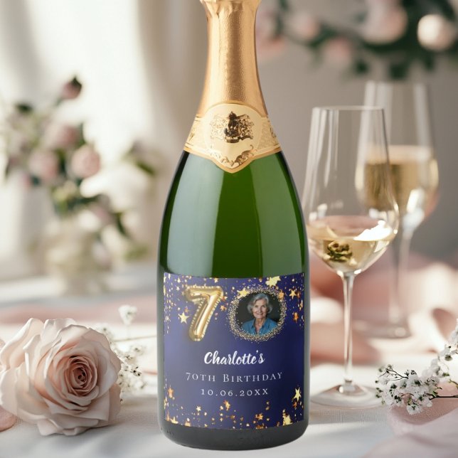 70th birthday navy blue gold stars photo sparkling wine label (Creator Uploaded)