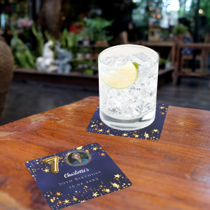 70th birthday navy blue gold stars photo square paper coaster