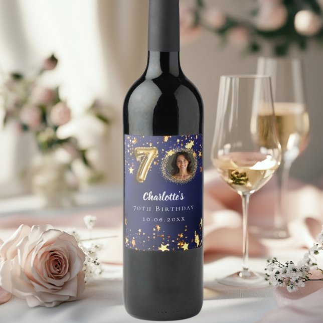 70th birthday navy blue gold stars photo wine label (Creator Uploaded)