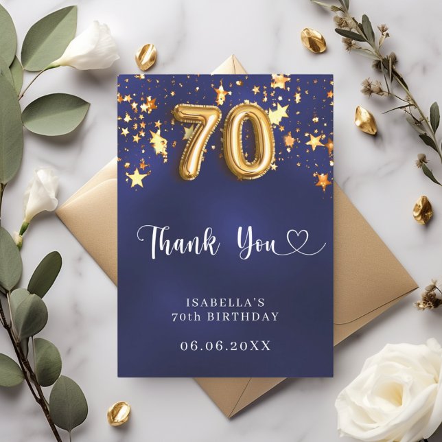 70th birthday navy blue gold stars thank you card (Creator Uploaded)