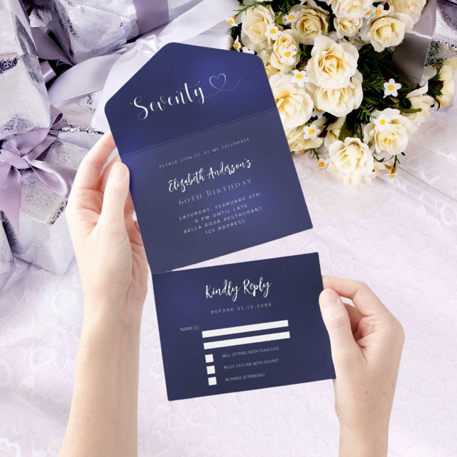 70th Birthday navy blue silver rsvp All In One Invitation (Creator Uploaded)