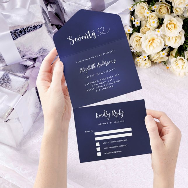 70th Birthday navy blue silver rsvp All In One Invitation (Creator Uploaded)