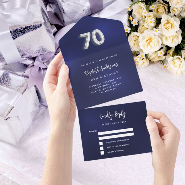 70th Birthday navy blue silver rsvp All In One Invitation (Creator Uploaded)