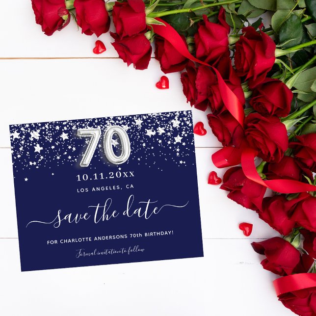 70th birthday navy blue silver save date card (Creator Uploaded)