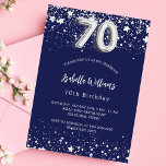 70th birthday navy blue silver stars invitation<br><div class="desc">A modern,  stylish and glamourous invitation for a 70th birthday party.  A navy blue background,  decorated with faux silver stars. Personalise and add your name and party details.  Number 70 is written with a balloon style font.</div>