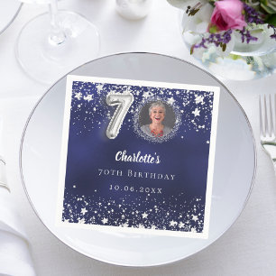 70th birthday navy blue silver stars photo napkin