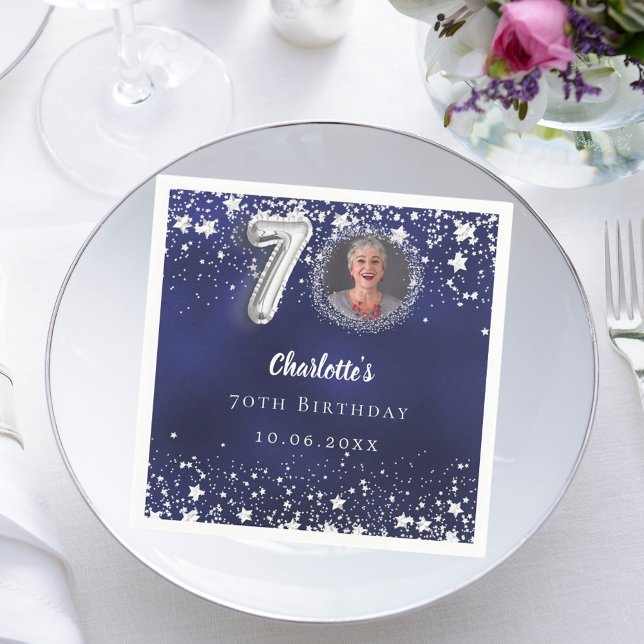 70th birthday navy blue silver stars photo napkin (Creator Uploaded)