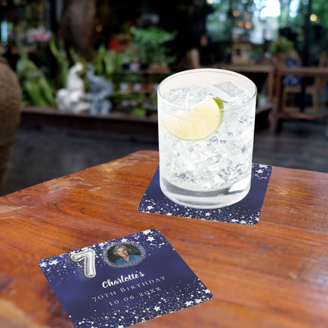 70th birthday navy blue silver stars photo square paper coaster (Creator Uploaded)