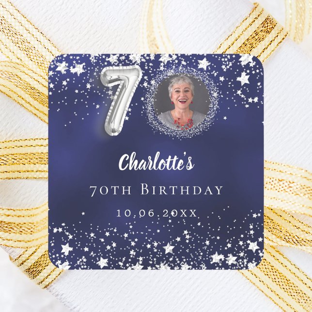 70th birthday navy blue silver stars photo square sticker (Creator Uploaded)