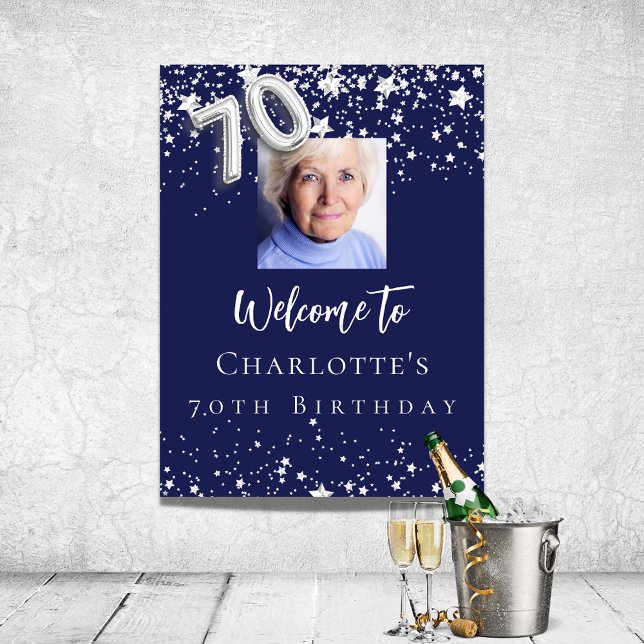 70th birthday navy blue silver stars photo welcome poster (Creator Uploaded)