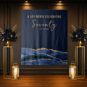 70th Birthday Navy Gold Agate Backdrop Tapestry