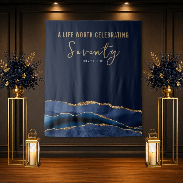 70th Birthday Navy Gold Agate Backdrop Tapestry (Navy gold 70th birthday backdrop with agate design for elegant luxury party setup)