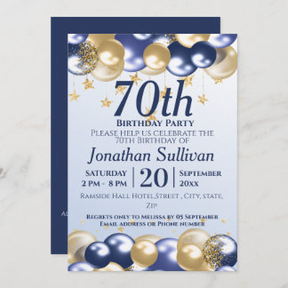 70th Birthday Navy Gold Balloons Party Invitation