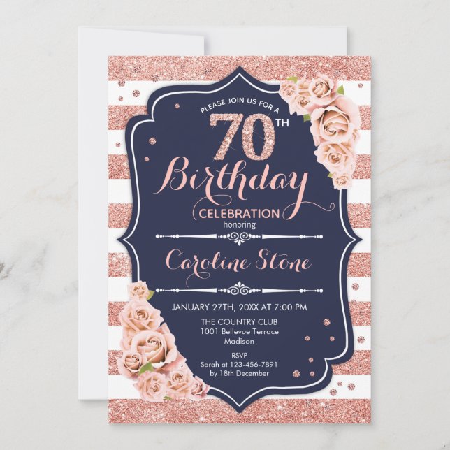 70th Birthday - Navy Rose Gold and White Stripes Invitation (Front)