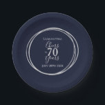 70th Birthday Navy Silver Cheers to 70 Years Party Paper Plate<br><div class="desc">This is a chic and elegant 70th birthday party design. This stylish design is in trending navy and silver. It has the message, "Samantha", "Cheers to 70 years" and space for the celebration date. This modern, typography motif is framed by an elegant silver foil effect circle. This stylish design is...</div>