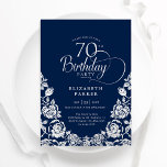 70th Birthday Navy Silver Roses Invitation<br><div class="desc">Navy silver elegant 70th birthday party invitation. Classy design featuring roses,  faux silver foil and typography script font. Trendy invite card perfect for a stylish female bday celebration. Personalise with your own details. Can be customised to any age. Printed Zazzle invitations or instant download digital printable template.</div>