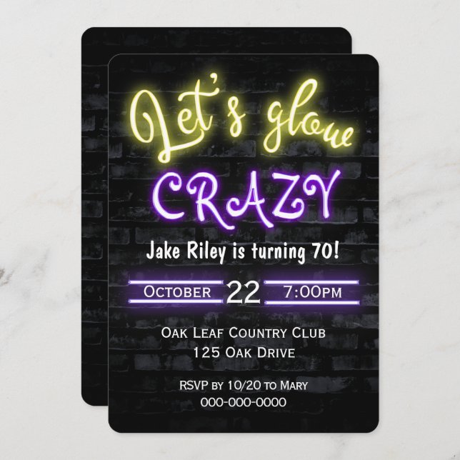 70th Birthday Neon Glow Sign on Brick Wall Invitation (Front/Back)