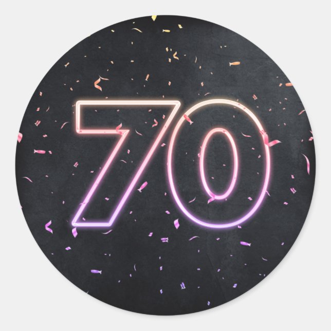 70th Birthday Neon Sign On Black Classic Round Sticker (Front)