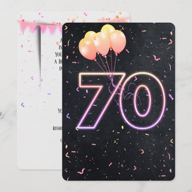 70th Birthday Neon Sign On Black Invitation (Front/Back)