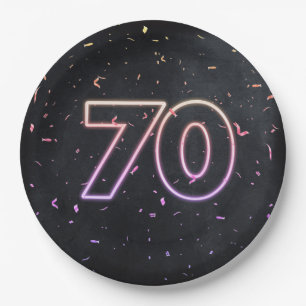 70th Birthday Neon Sign On Black Paper Plate