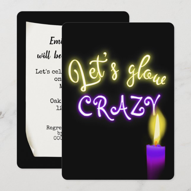 70th Birthday Neon Sign with Candle Invitation (Front/Back)