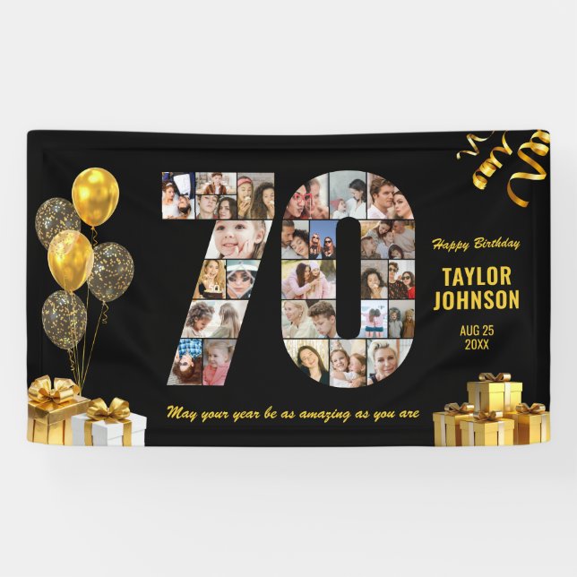 70th Birthday Number 70 Photo Collage Black Gold Banner (Horizontal)