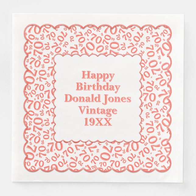 70th Birthday Number Pattern Scallops Coral/White Napkin (Front)