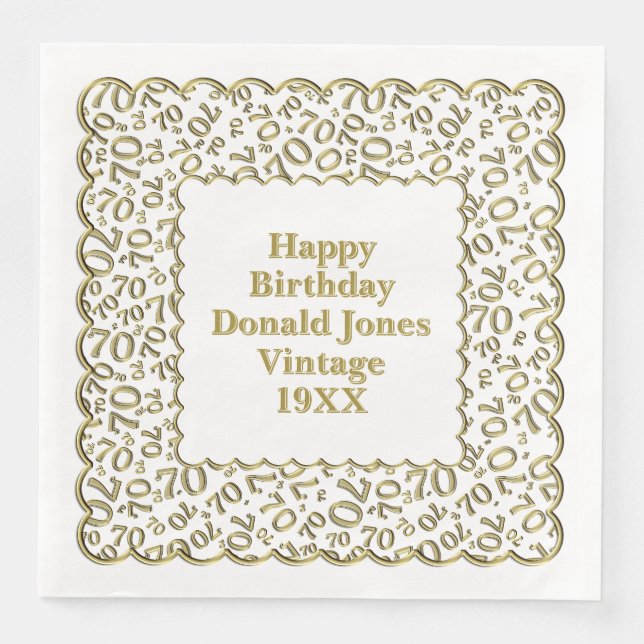 70th Birthday Number Pattern Scallops Gold/White Napkin (Front)