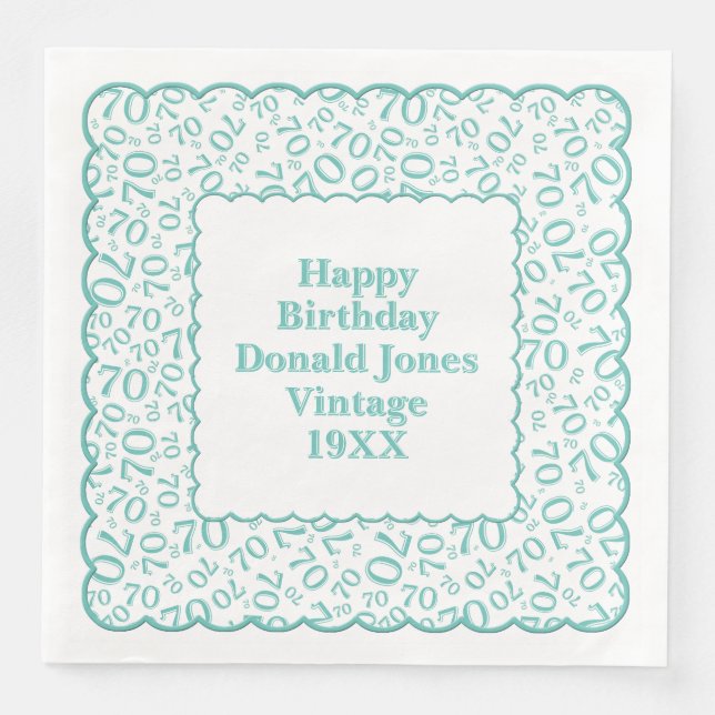 70th Birthday Number Pattern Scallops Teal/White Napkin (Front)