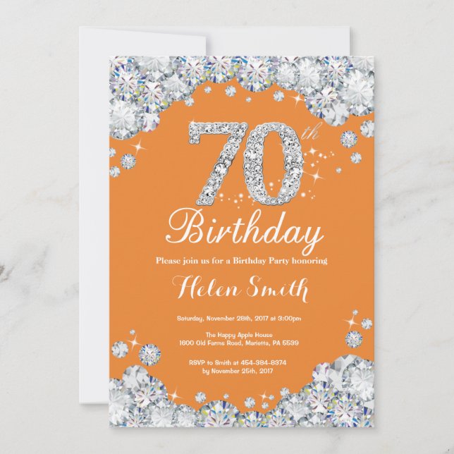 70th Birthday Orange and Silver Diamond Invitation (Front)