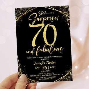 70th Birthday Party 70 Fabulous Black Gold Glitter Invitation