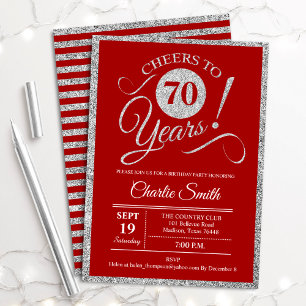 70th Birthday Party - ANY AGE Red Silver Invitation