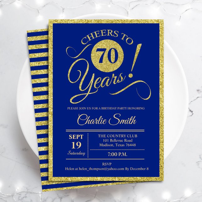 70th Birthday Party - ANY AGE Royal Blue Gold Invitation (Creator Uploaded)