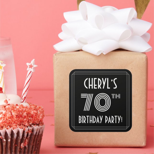 70th Birthday Party: Art Deco Style & Custom Name Square Sticker (Party)