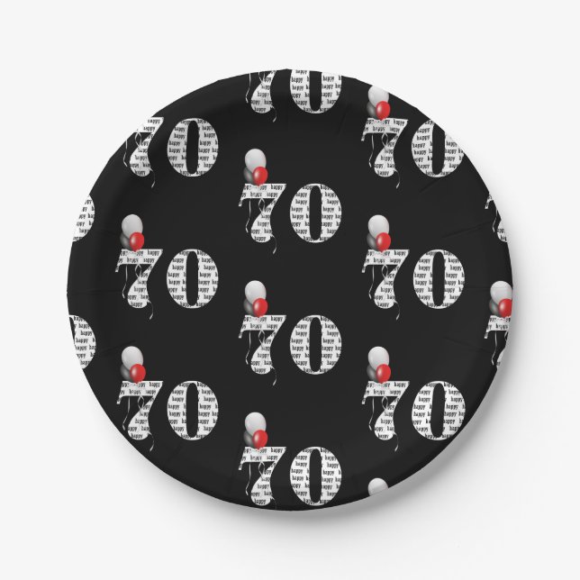 70th birthday party balloons on black paper plate (Front)