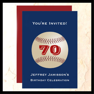 70th Birthday Party, Baseball, Red and Blue, Name Invitation