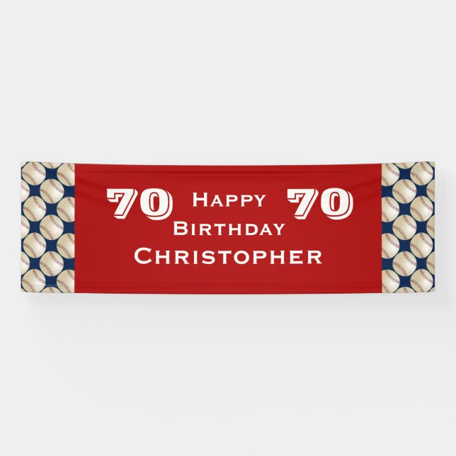 70th Birthday Party Baseball, Red White Blue,  Banner (Horizontal)