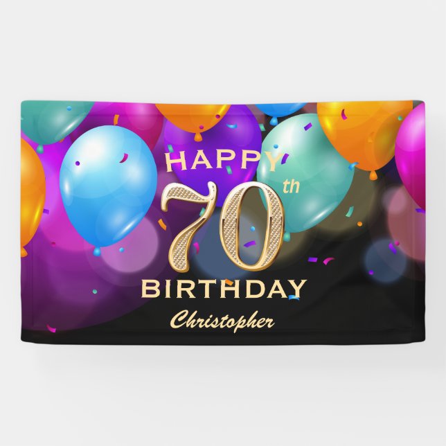 70th Birthday Party Black and Gold Balloons Banner (Horizontal)