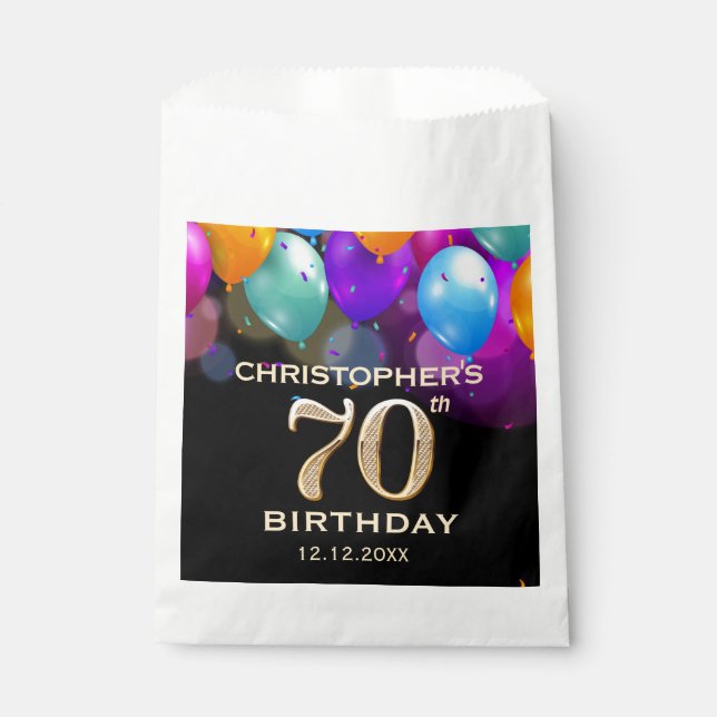 70th Birthday Party Black and Gold Balloons Favour Bag (Front)
