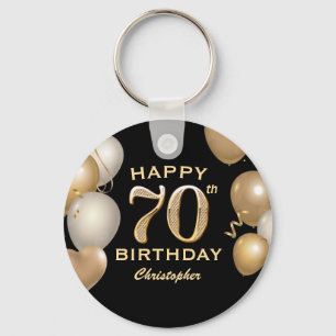 70th Birthday Party Black and Gold Balloons Key Ring