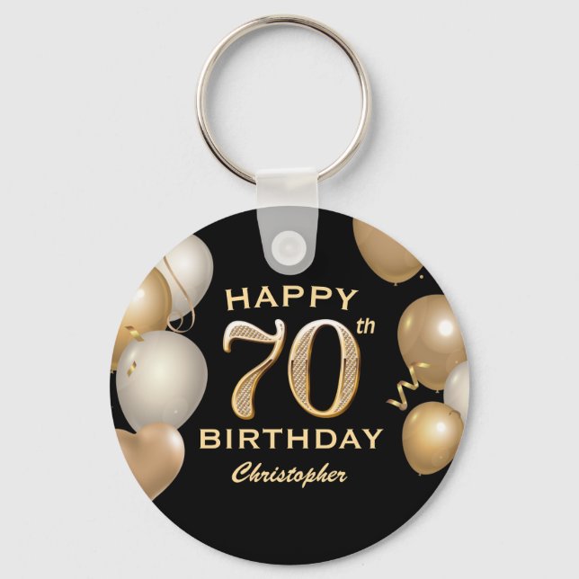70th Birthday Party Black and Gold Balloons Key Ring (Front)