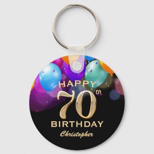 70th Birthday Party Black and Gold Balloons Key Ring
