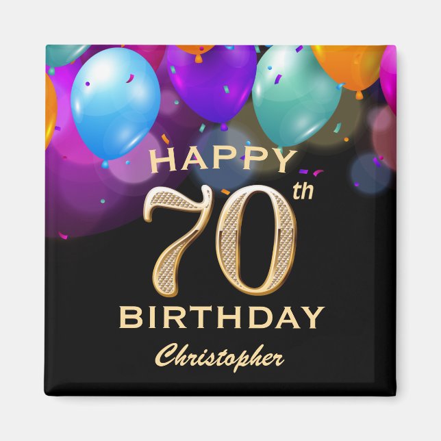 70th Birthday Party Black and Gold Balloons Magnet (Front)