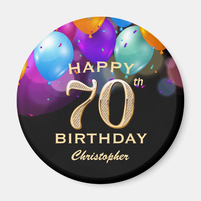 70th Birthday Party Black and Gold Balloons Magnet (Front)