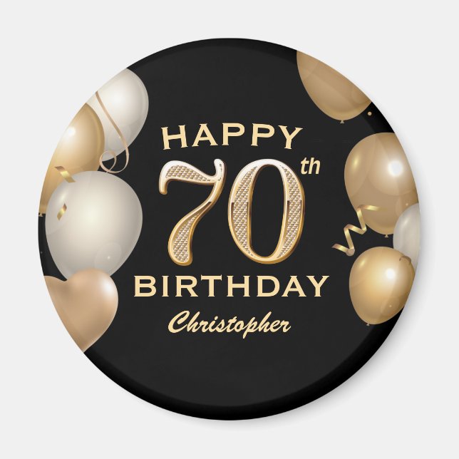 70th Birthday Party Black and Gold Balloons Magnet (Front)